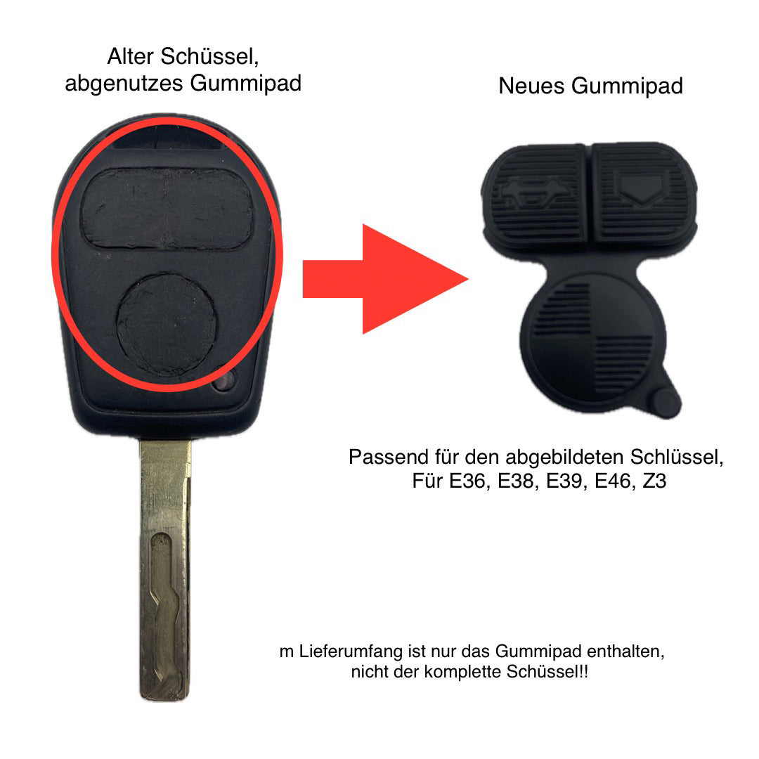 Autoschlüssel Drück Pad, Gummimatte für Funk Schlüssel passend für BMW 3 Taster, E36, E38, E39, E46